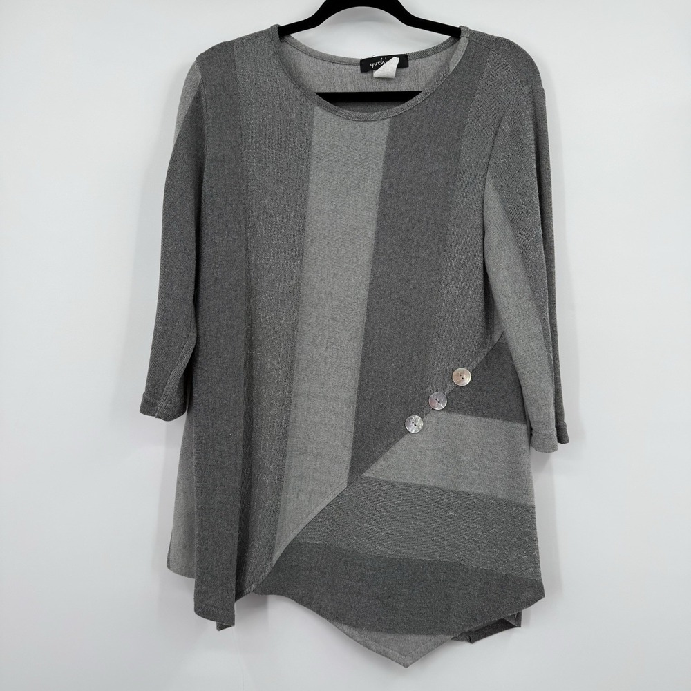 Yushi Tunic Top Womens Medium Gray 3/4 Sleeve Button USA Artsy Stripe Shirt